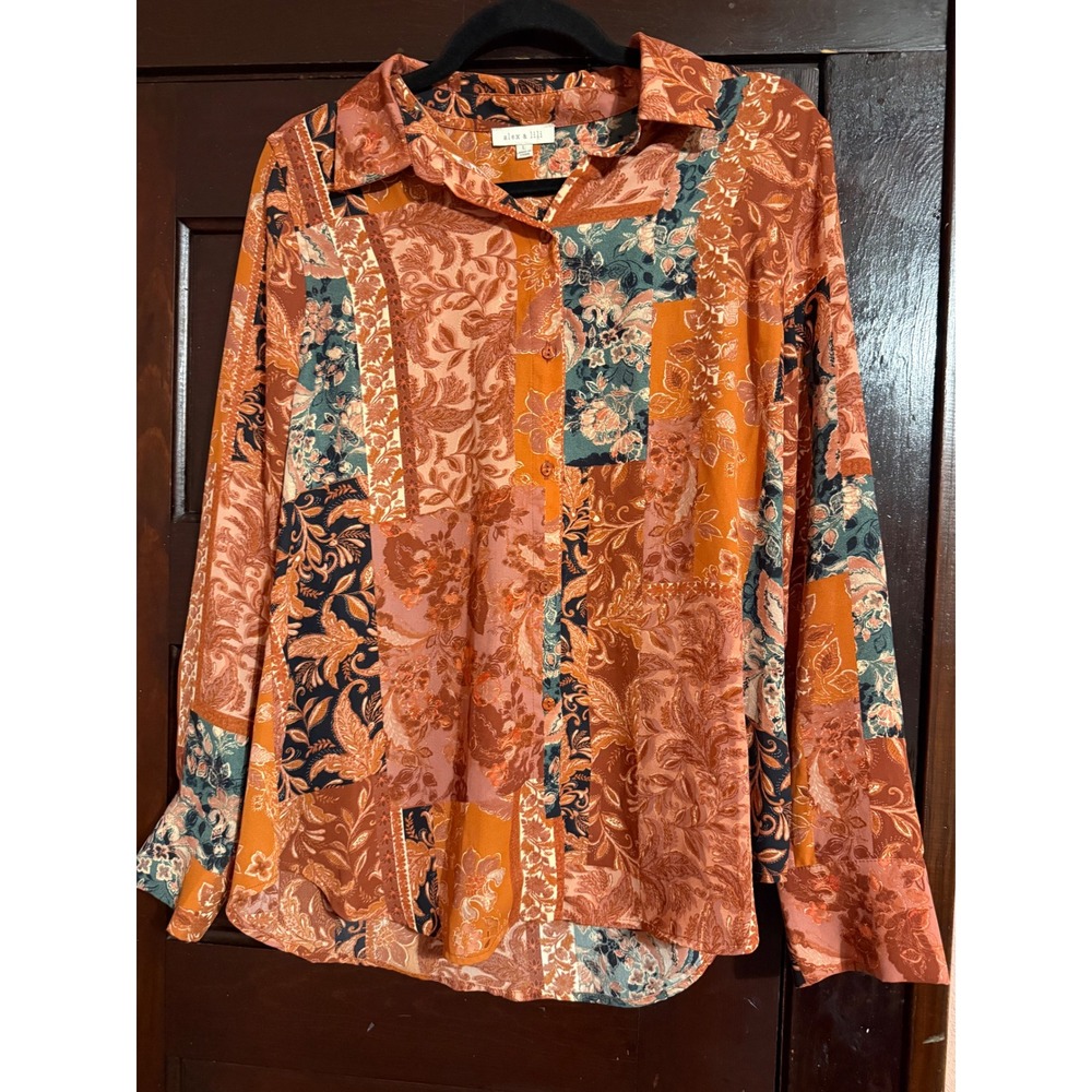 Alex & Lili Womens Patchwork Paisley Floral Button Down Shirt Orange Rust Large